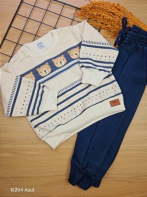 Conjunto Blusão e Calça em Moletom Peluciado Bear Azul Divertto