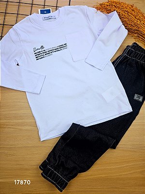 Conjunto Camiseta em Meia Malha e Calça em Molecotton Denim Divertto
