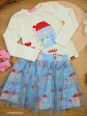 Conjunto Blusa Manga Longa e Saia com Sobreposição em Tule Little House Mon Sucré