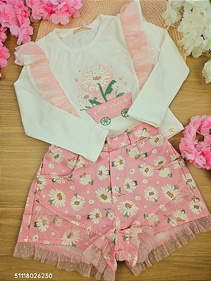 Conjunto Blusa Manga Longa e Short Sarjado Margaridas Petit Cherie