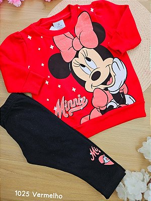 Conjunto Blusão em Moletom Flanelado e Legging em Molecotton Minnie Vermelho Fakini
