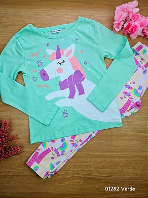 Conjunto Blusa Manga Longa e Calça Legging Unicórnio Verde Fakini