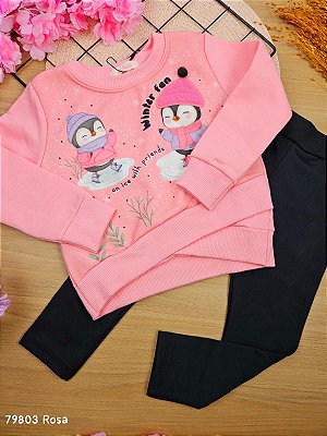 Conjunto Blusão em Moletom com Pelúcia e Calça Legging em Termoskin Térmica Pinguim Kukiê