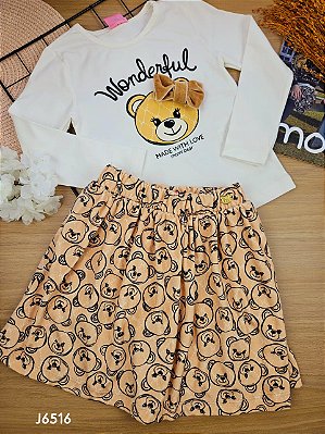 Conjunto Blusa Manga Longa e Saia com Short em Camurça com Short embutido Bear Cute Momi