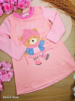 Vestido Termoskin Térmico Rosa Ursinho  Kukiê
