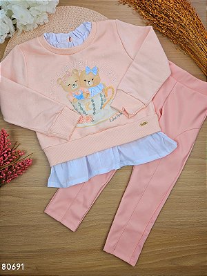 Conjunto de Blusão em Moletom Peluciado e Legging em Couro Eco Kukiê