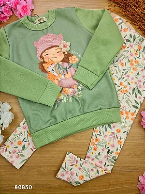 Conjunto Blusão Alongado em Moletom 3 Cabos com Pelúcia e Calça Legging em Termoskin Térmica Gatinha e Fofinha Kukiê