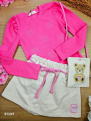 Conjunto de Blusa em Canelado e Short saia em Moletom Linho Acompanha Bolsa Kukiê