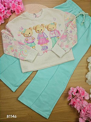 Conjunto de Blusão Boxy e Calça Wide Leg em Moletom Verde Kukiê