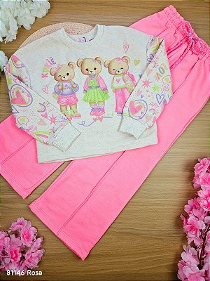 Conjunto de Blusão Boxy e Calça Wide Leg em Moletom Rosa  Kukiê