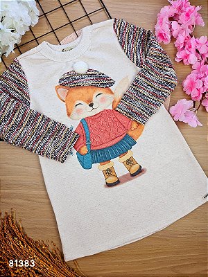 Vestido Em Moletom Linho Sem Pelúcia E Malha Tweed Raposinha Bege Kukiê