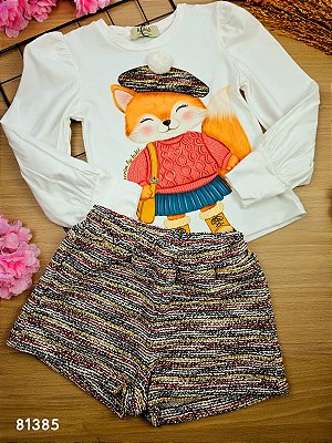 Conjunto de Blusa em Cotton e Shorts em Malha Tweed Raposa Kukiê