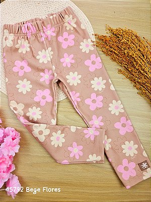 Calça Legging em Malha Confy Térmica Peluciada Bege Flores Up Baby