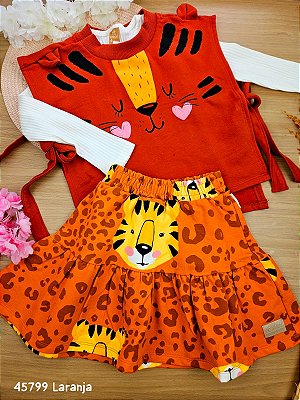 Conjuntro Trio Blusa Manga Longa Canelada, Colete e Saia com Shorts Embutido Oncinha Laranja Up Baby