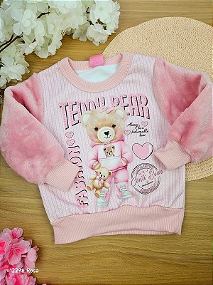 Blusão em Moletom e Carneirinho Peluciado Teddy Bear Rosa Cinti