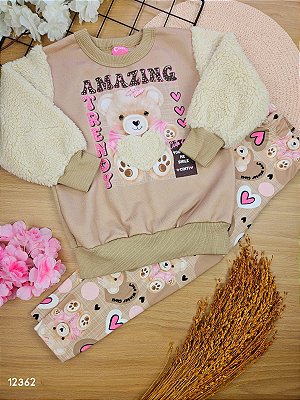 Conjunto Blusão em Moletom Peluciado e Calça Legging Térmica Peluciada Teddy Cinti