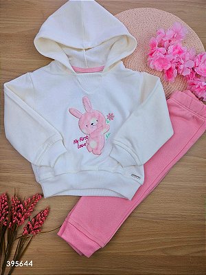 Conjunto Blusa Manga Longa e Calça em Moletom Peluciado Rosa Bunny Vrasalon