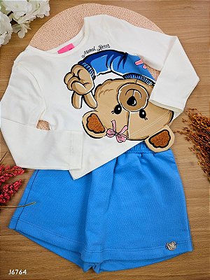 Conjunto Blusa Manga Longa e Short Saia Bear Blue Momi