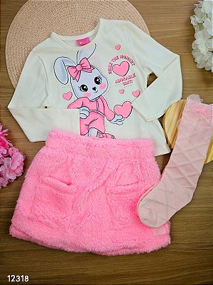 Conjunto Inverno Blusa Manga Longa e Saia em Pelinhos com Shorts Embutido Cinti