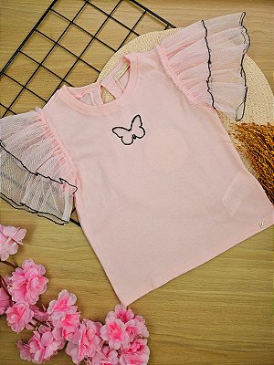 Blusa 100% Algodão Com Manga em Tule Borboleta Petit Cherie