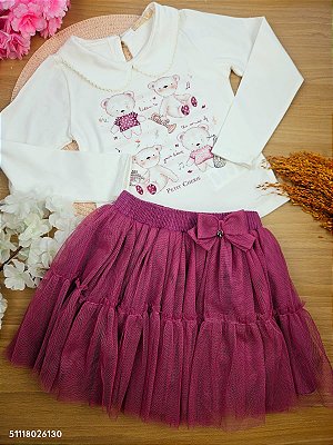 Conjunto Inverno Blusa Manga Longa e Saia em Tule com Shorts Embutido Bear Petit Cherie