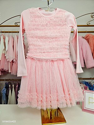 Conjunto Blusa Canelada com Tule e Saia com Shorts Embutido Bailarina Petit Cherie