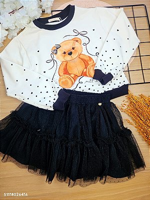 Conjunto Blusão em Moletom e Saia em Tule com Shorts Embutido Petit Cherie