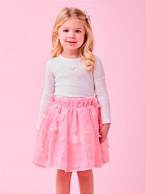 Conjunto blusa em manga longa e Saia em tule com flores Momi
