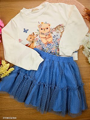 Conjunto Blusa em Moletom e Saia Tule com Shorts Embutido Petit Cherie