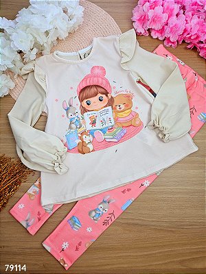 Conjunto de Bata em Cotton e Calça Legging em Canelado Kukiê