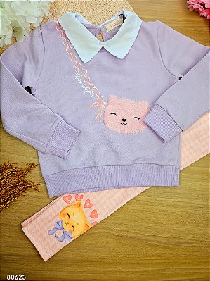 Conjunto de Blusão em Moletom sem Pelúcia e Calça Legging em Molecotton Kukiê