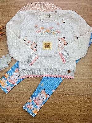 Conjunto de Blusão em Moletom com Pelúcia e Calça Legging em Termoskin Peluciado Infanti Bebê Menina
