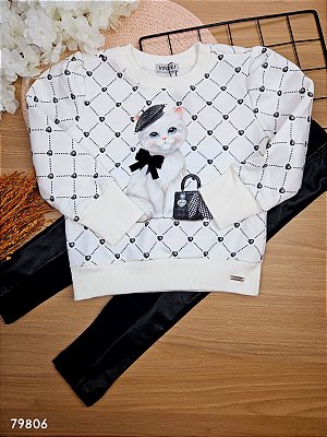 Conjunto de Blusão em Moletom com Pelúcia e Calça Legging em Couro Sintético e Termoskin  Infanti