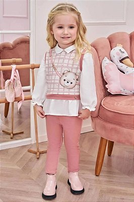 Conjunto de Camisa em Viscose Sarjada e Molecotton com Calça Legging em Couro e Termoskin Infanti Bebê Menina