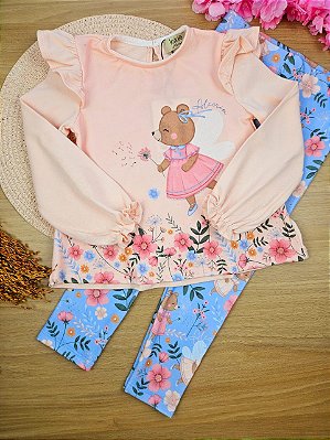 Conjunto de Bata em Cotton e Calça Legging em Canelado Kukiê Bebê Menina