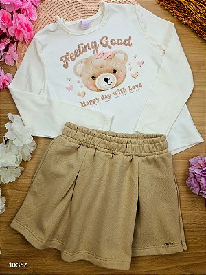 Conjunto Bebê Menina Blusa Ursinho E Short-Saia Bege Cinti