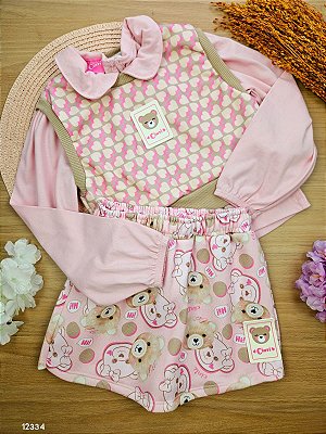 Conjunto Trio Blusa, Short-Saia E Colete Rosa Mundo Cinti