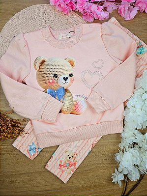 Conjunto de Blusão em Moletom com Pelúcia e Calça Legging em Fleece Luxo Kukiê Bebê Menina