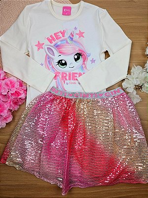 Conjunto Infantil Menina Blusa E Saia-Short Paetê Rosa Cinti