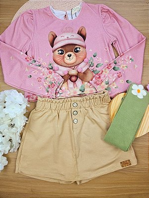 Conjunto de Blusa Boxy em Malha Fresh e Shorts Saia em Molevisco Rosa Infanti