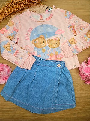 Conjunto de Blusa em Malha Canelada e Short Saia em Jeans Kukiê