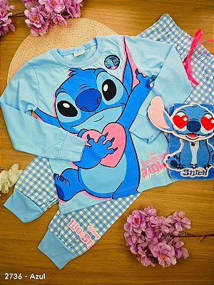 Conjunto Pijama 100% Algodão Stitch Disney (Brilha no Escuro) Azul Fakini