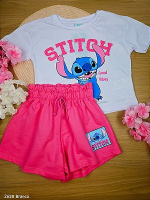 Conjunto Stitch Disney 100% Algodão Branco Fakini
