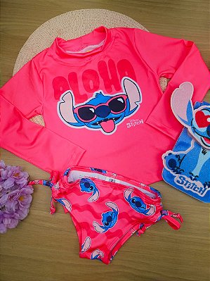 Conjunto Moda Praia Stitch Disney Com Proteção UV Rosa Fakini