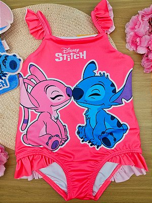 Maiô Moda Praia Stitch Disney Com Proteção UV Rosa Fakini