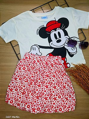 Conjunto Blusa e Saia com Shorts Embutido Minnie Disney 100% Algodão Fakini