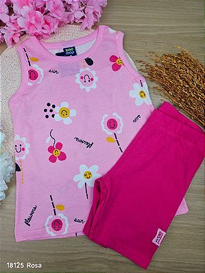 Conjunto Blusa Meia Malha e Ciclista Cotton Rosa Bee Loop