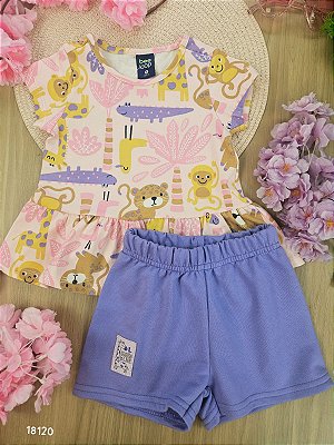 Conjunto Blusa Cotton e Short Moletom Safari Lilás Bee Loop