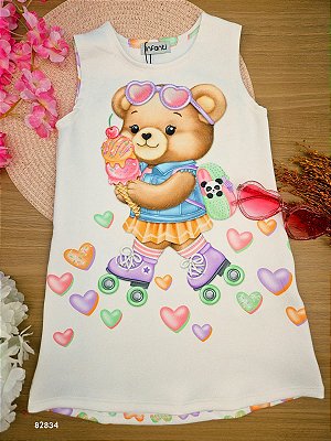 Vestido em Fly Tech Urso Infanti Menina