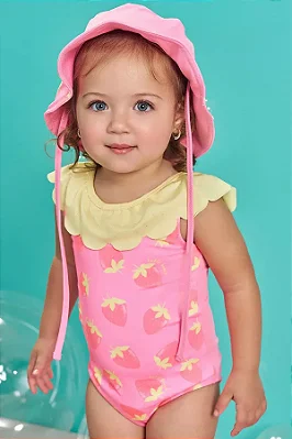 Maiô e Chapéu em Malha com Proteção UV 50+ Kukiê Bebê Menina